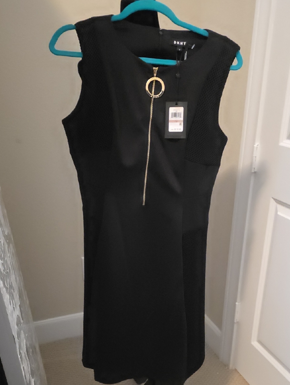 DKNY Black Midi Sheath Dress with Gold Ring Zip